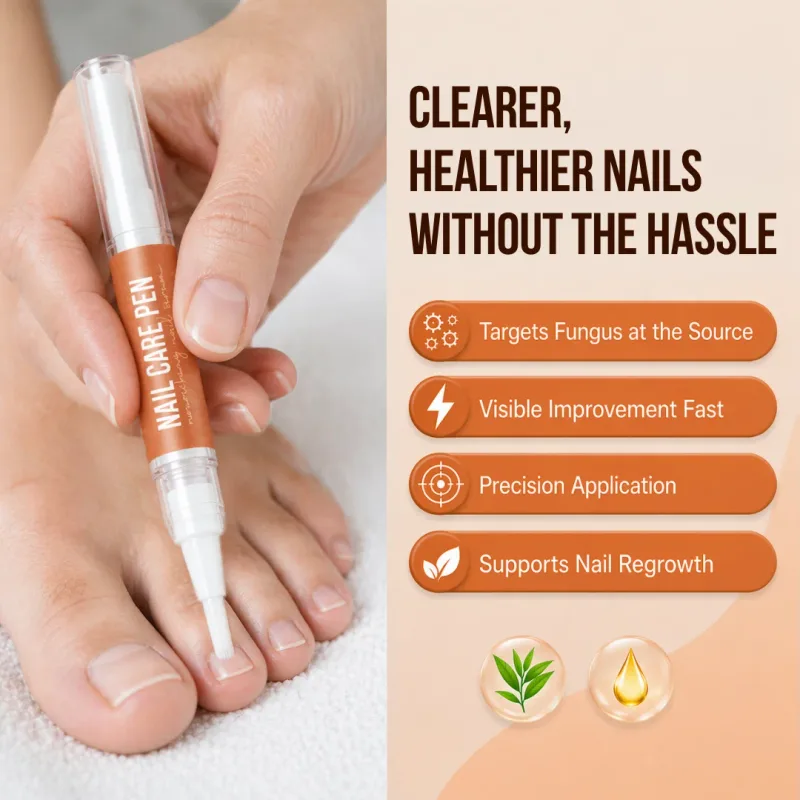 Fungabeam Pen brush tip on a toenail with the maker's four benefit callouts: targets fungus at the source, visible improvement fast, precision application, supports nail regrowth