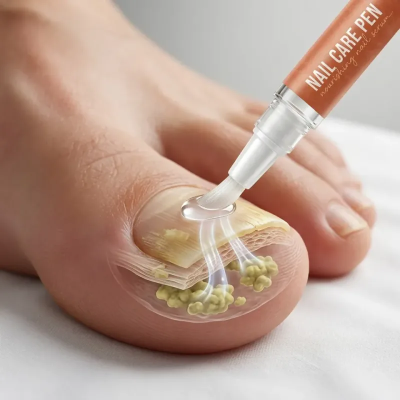 Illustration of the Fungabeam Pen brush tip applying formula to a discolored toenail, showing where nail fungus lives under the nail