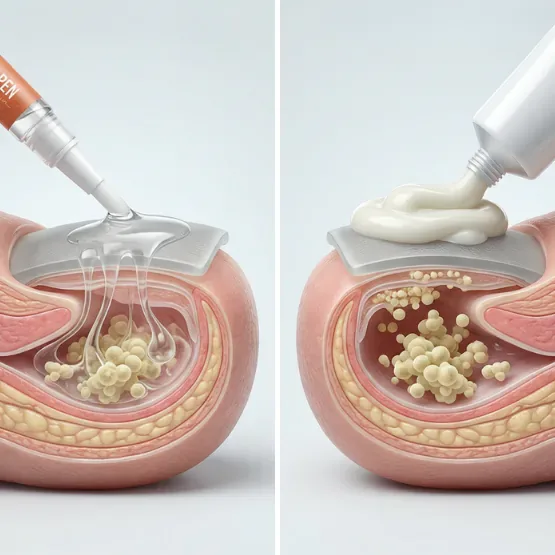 Illustration comparing the Fungabeam precision brush-tip pen with a cream applied to a nail