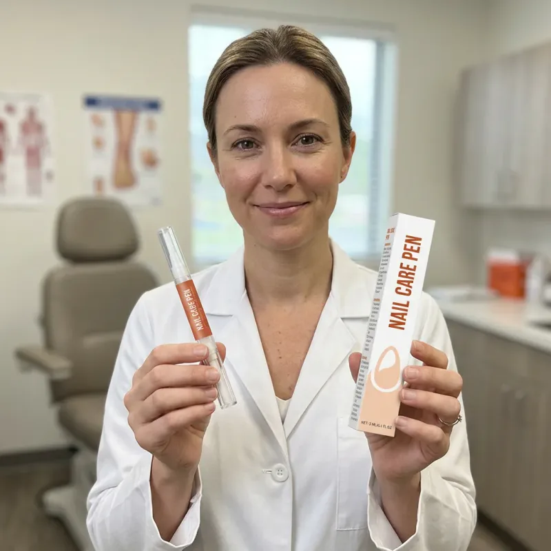 Woman in a white coat holding the Fungabeam Pen and its box