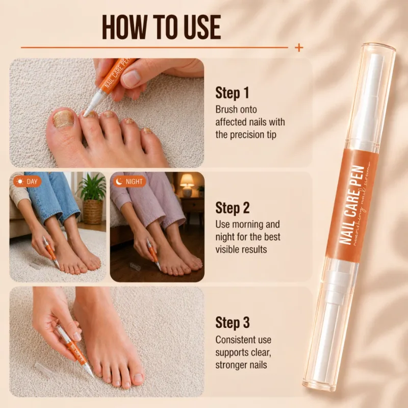 Fungabeam Pen how-to-use guide: brush onto affected nails, use morning and night, stay consistent