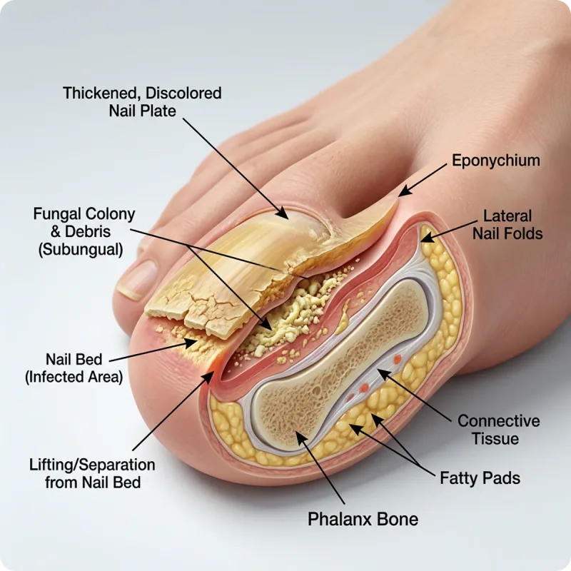 Illustrated cross-section of a toenail showing where nail fungus lives beneath the nail plate