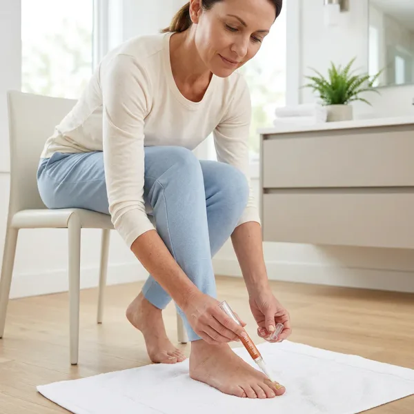 Woman applying the Fungabeam Pen as part of her daily routine